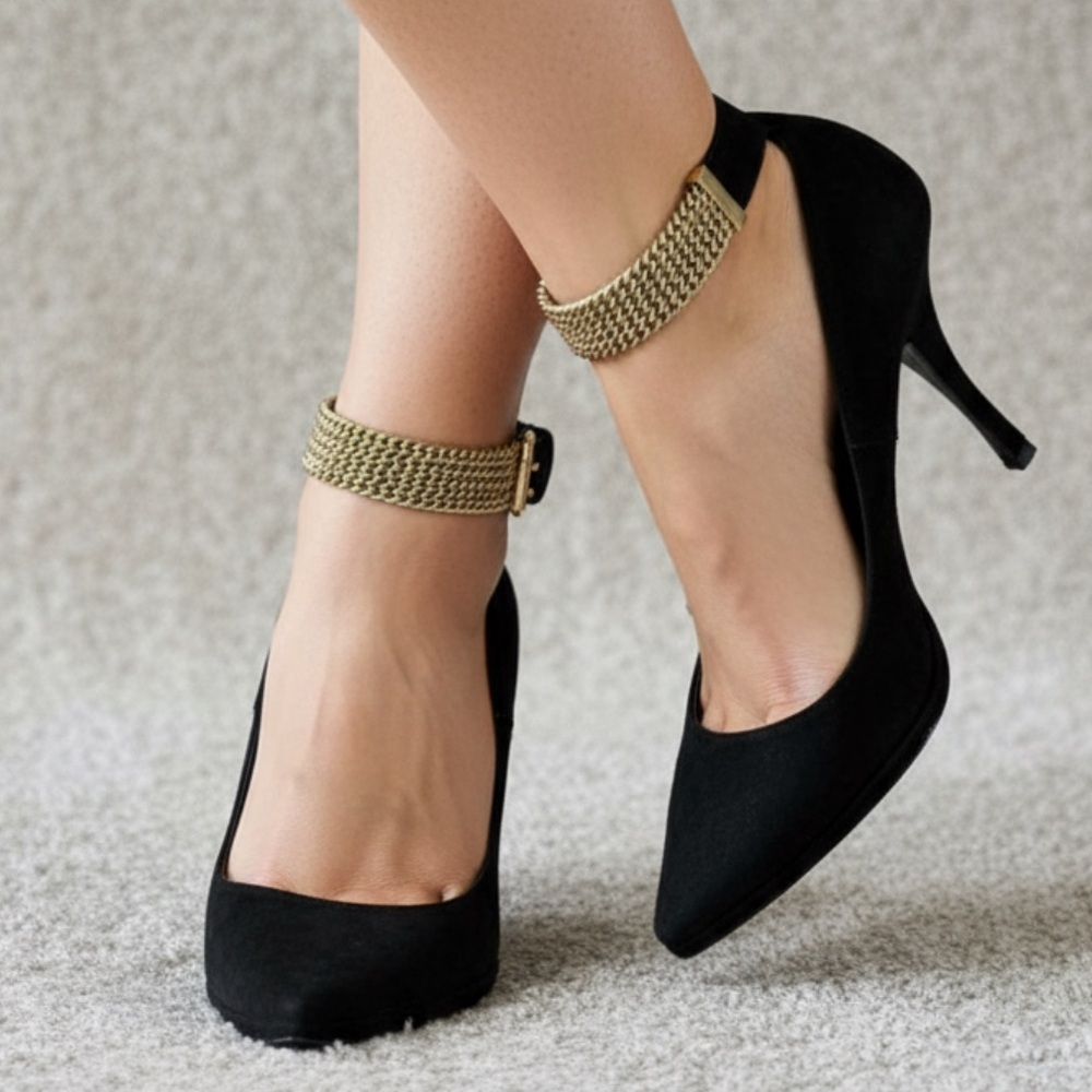 Casadei-Black Suede Pumps with Gold Ankle chain